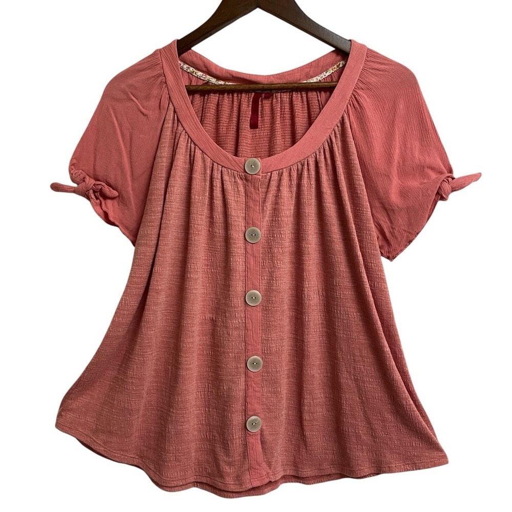 Love Scarlett Button Front Tie Sleeve Top Womens XL Pink